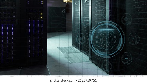 Image of digital icons and fingerprint biometric scanner against computer server room. Cyber security and business data storage technology concept