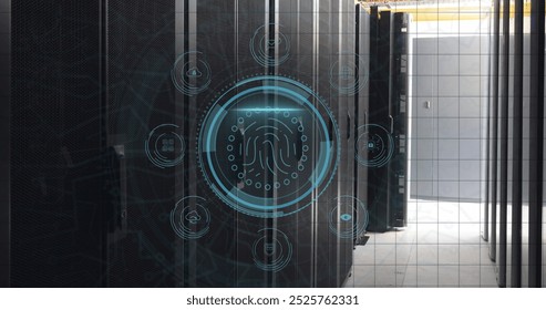Image of digital icons and fingerprint biometric scanner against computer server room. Cyber security and business data storage technology concept