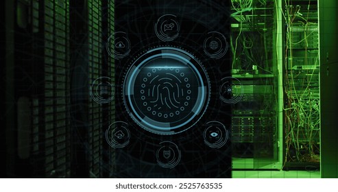 Image of digital icons and fingerprint biometric scanner against computer server room. Cyber security and business data storage technology concept