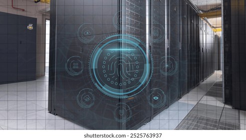 Image of digital icons and fingerprint biometric scanner against computer server room. Cyber security and business data storage technology concept