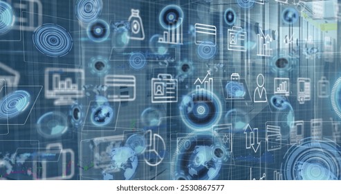 Image of digital icons and multiple round scanners against computer server room. Computer interface and business data storage technology concept