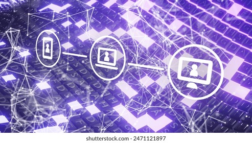 Image of digital icons, network of connections and binary coding on green background. Global networks, data processing and computing concept digitally generated image.