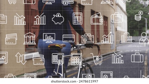 Image of digital icons over biracial woman iwith bike in city. Global social media, digital interface, computing and data processing concept digitally generated image. - Powered by Shutterstock