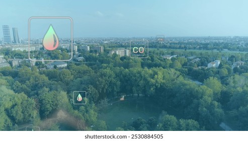 Image of digital icons over cityscape. global digital interface, data processing and technology concept digitally generated image.