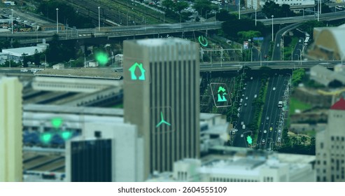 Image of digital icons over cityscape. global digital interface, data processing and technology concept digitally generated image.