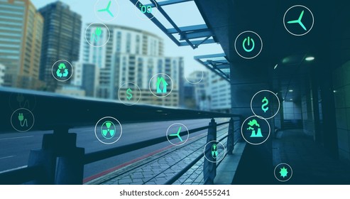 Image of digital icons over cityscape. global digital interface, data processing and technology concept digitally generated image.