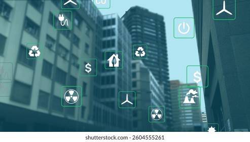 Image of digital icons over cityscape. global digital interface, data processing and technology concept digitally generated image.