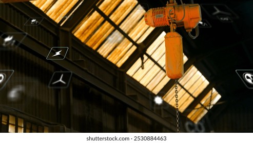 Image of digital icons over factory. global digital interface, data processing and technology concept digitally generated image.