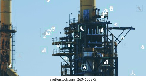 Image of digital icons over factory. global digital interface, data processing and technology concept digitally generated image.