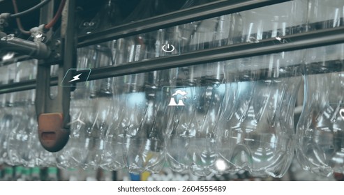 Image of digital icons over factory. global digital interface, data processing and technology concept digitally generated image.