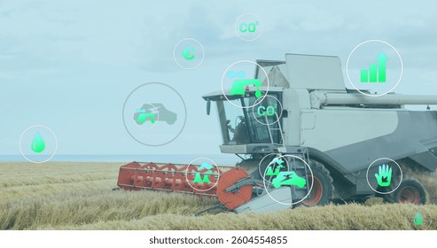 Image of digital icons over field. global digital interface, data processing and technology concept digitally generated image.