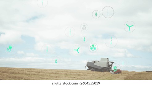 Image of digital icons over field. global digital interface, data processing and technology concept digitally generated image.