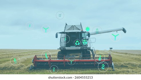 Image of digital icons over field. global digital interface, data processing and technology concept digitally generated image.
