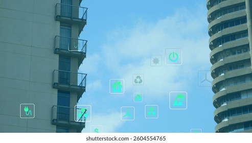 Image of digital icons over office buildings. global digital interface, data processing and technology concept digitally generated image.