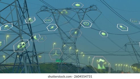 Image of digital icons over power lines. global digital interface, data processing and technology concept digitally generated image.