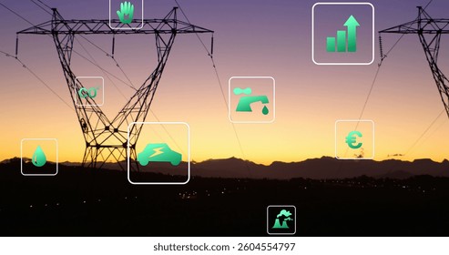 Image of digital icons over power lines. global digital interface, data processing and technology concept digitally generated image.