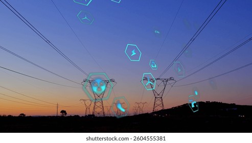 Image of digital icons over power lines. global digital interface, data processing and technology concept digitally generated image.