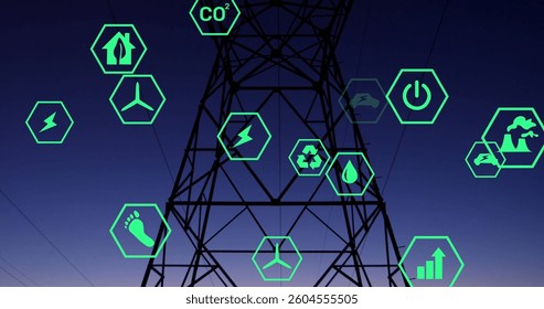 Image of digital icons over power lines. global digital interface, data processing and technology concept digitally generated image.