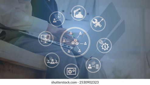 Image of digital icons over schoolboys using laptop computers. Education business social media network interface concept digital composite.