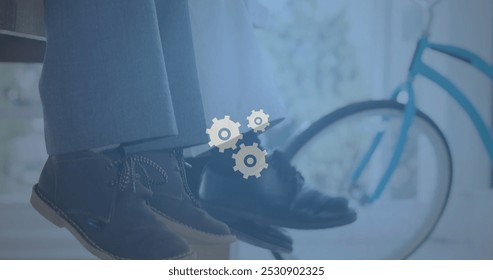 Image of digital icons over schoolboys using laptop computers. Education business social media network interface concept digital composite.
