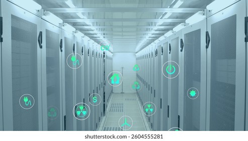 Image of digital icons over server room. global digital interface, data processing and technology concept digitally generated image.