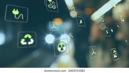 Image of digital icons over train. global digital interface, data processing and technology concept digitally generated image.