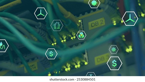 Image of digital icons over wires. global digital interface, data processing and technology concept digitally generated image.