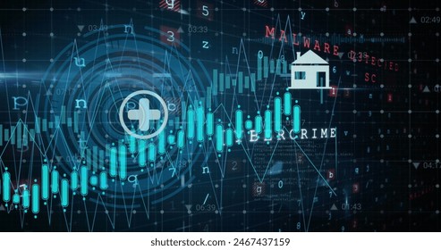 Image of digital icons and round scanner against cyber security data processing. Cyber security and business technology concept
