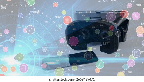 Image of digital icons and scopes scanning over vr headset in background. global connections and digital interface concept digitally generated image.