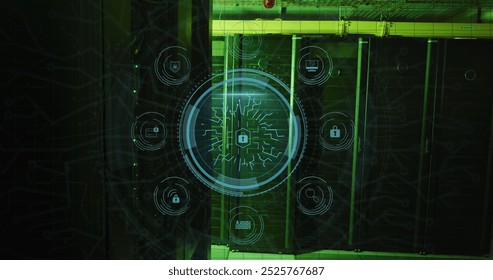 Image of digital icons and security padlock against computer server room. Cyber security and business data storage technology concept