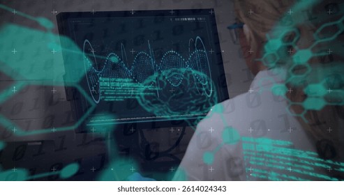 Image of digital interface with brain over caucasian woman using computer. digital interfaces concept and connections concept digitally generated image.