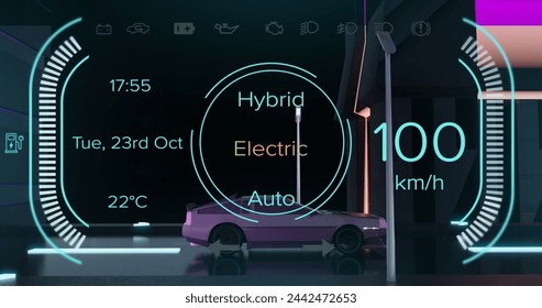 Image of digital interface with charging text over electric car driving. Global connections, networks, data processing and digital interface concept digitally generated image.
