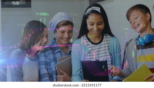 Image of digital interface with charts and graphs moving over smiling schoolgirl using tablet with friends secondary school corridor. Global digital network and education digital composite. - Powered by Shutterstock