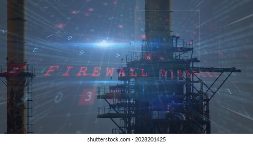 Image of digital interface with cyber attack warning text over chimneys and factory in the background. Global network online security concept digital composite.