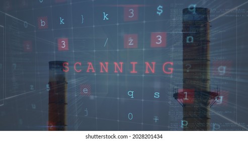 Image of digital interface with cyber attack warning text over chimneys and factory in the background. Global network online security concept digital composite.
