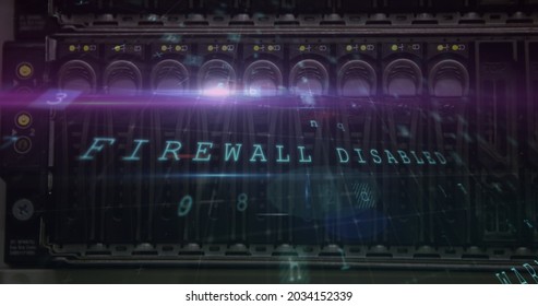 Image of digital interface with cyber attack warning text over detail of computer server. Global network online security concept digital composite.