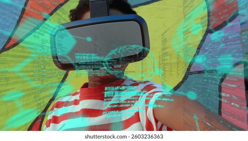 Image of digital interface, data and brain over young child using VR headset and pointing. Global digital network digitally generated image. - Powered by Shutterstock - Get 15% off with code: PIKWIZARD15