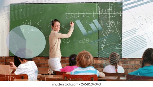 Image of digital interface with data, graphs and equations moving over female maths teacher writing on blackboard smiling to pupils. Global digital network and education digital composite. - Powered by Shutterstock