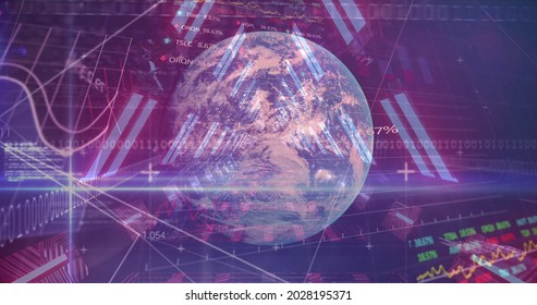 Image of digital interface with data processing and graphs over digital tunnel and spinning globe. Global digital network technology concept digitally generated image.