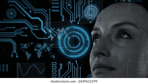 Image of digital interface with data processing over woman's face. digital interface, communication and technology concept digitally generated image.