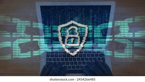 Image of digital interface data processing with online security over laptop computer screen. Global network online security concept digital composite.