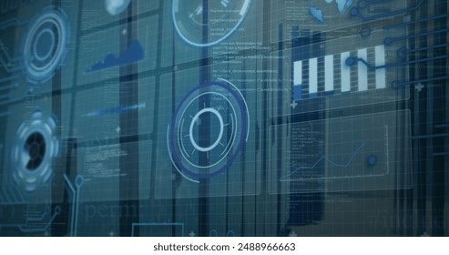 Image of digital interface with data processing against computer server room. Computer interface and business data storage technology concept