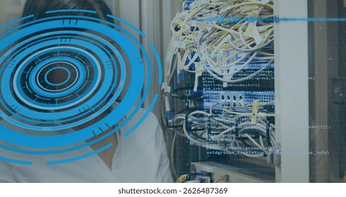 Image of digital interface and data processing over caucasian female server room worker. Global business, finances, data processing and digital interface concept digitally generated image.