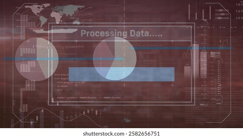 Image of digital interface displaying data processing with graphs and world map overlay. technology, analytics, global, futuristic, information, network - Powered by Shutterstock - Get 15% off with code: PIKWIZARD15