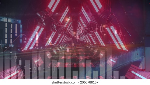 Image of digital interface financial data processing with network of connections in red glowing tunnel. Global technology and network of connections concept digitally generated image.