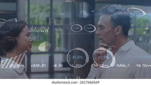 Image of digital interface, financial data processing over caucasian businesspeople. Global connections, business, digital interface, technology and networking concept digitally generated image.