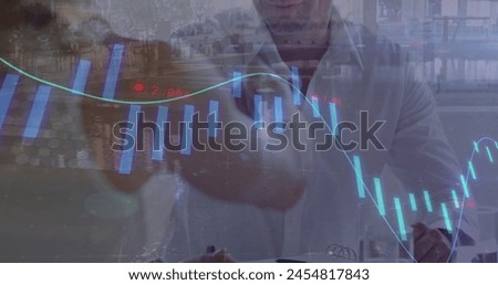 Image of digital interface and financial data processing over business people. global connections, business, digital interface, technology and networking concept digitally generated image.