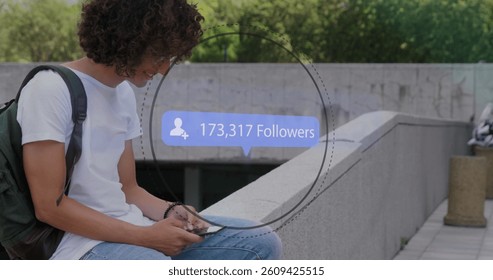 Image of digital interface Followers text and people icon with growing numbers on blue speech bubble over man using smartphone. Global social media network digitally generated image.