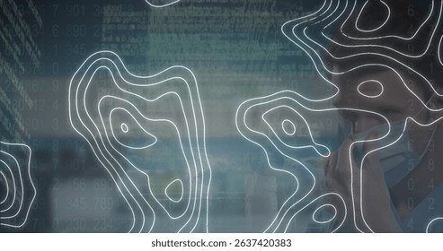 Image of digital interface and globe over caucasian doctor. Global medicine, technology, data processing and digital interface concept digitally generated image.