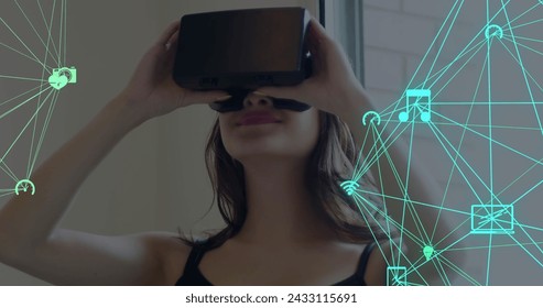 Image of digital interface with globes with network of connections over woman using VR headset. Global computer network technology concept digitally generated image.